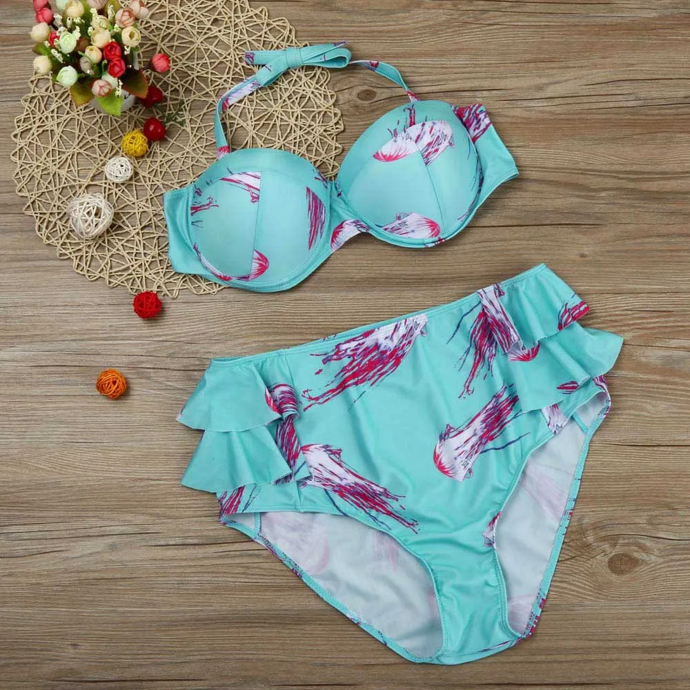 Plus Large Size Women Bikini Set Swimsuit Bathing Hatler Floral