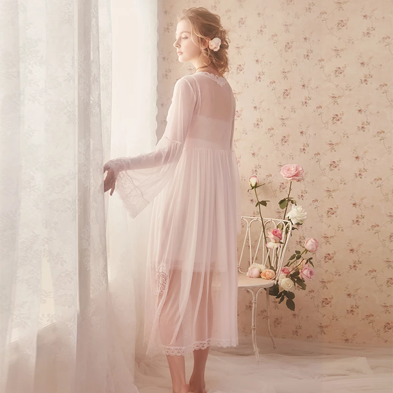 Новинка, весенний женский халат розового и белого цвета, кружевное ночное белье, винтажная ночная рубашка, тонкая кружевная ночная рубашка "принцесса"