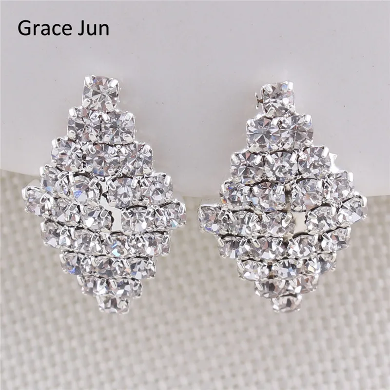 

Grace Jun New Design Geometric Style Bridal Rhinestone Clip on Earrings for Women No Hole Ear Clip Fahion Jewelry Accessories