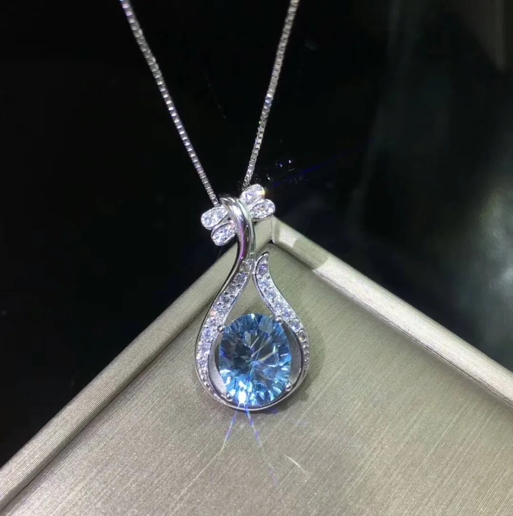 Серебро 925 пробы Овальный кулон 8x10 мм Природные небесно-кулон с голубым топазом ожерелье Для женщин украшения для девочек без цепочки