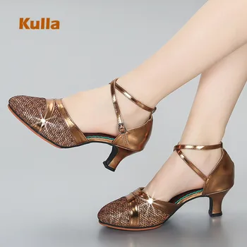 

Brown/Purple Glitter Women Latin Dance Shoes Comfort Close Toe Ballroom Tango/Salsa Shoes Dance For Ladies Soft Sole Party Shoes
