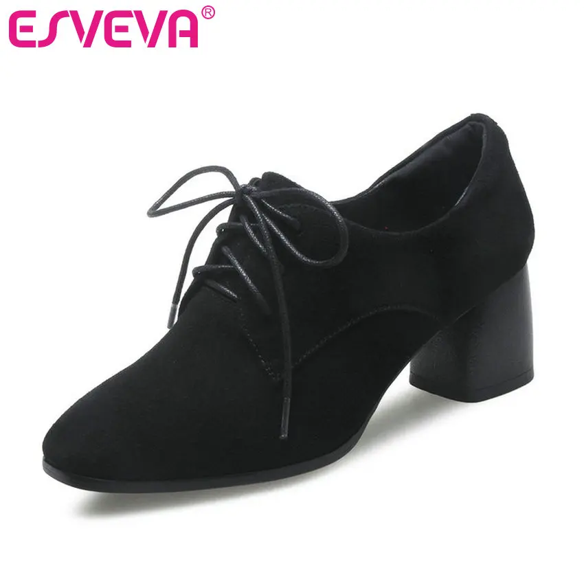 

ESVEVA 2018 Women Pumps British Style Genuine Leather +PU Women Shoes Spring Autumn Square High Heel Lace Up Pumps Size 34-42
