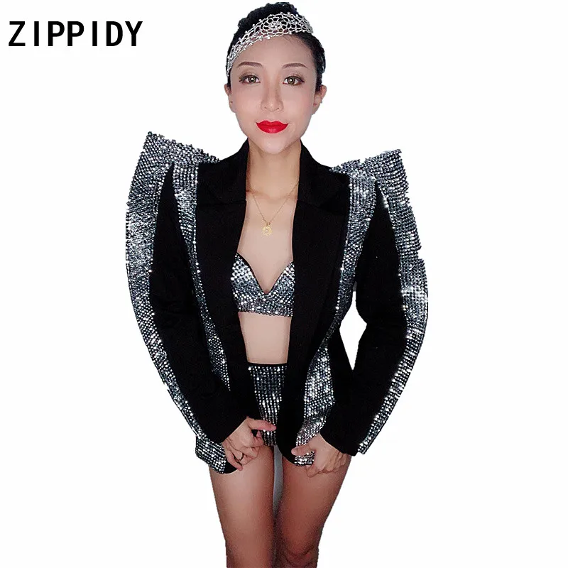 

Sparkly Silver Rhinestones Bra Short Jacket Outfit Set Women Singer Dancer Wear Black Stage Wear Birthday Party Outfit Set