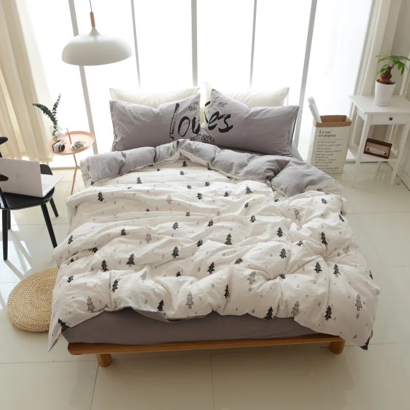 4pcs Quality Washed Cotton Scandinavian Style Trees White Grey Queen 4pcs Quality Washed Cotton Scandinavian Style Trees White Grey Queen King Size Bedding Linen Doona Duvet Quilt Cover Set Sheet