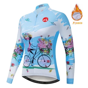 

MTB Winter Thermal Fleece Women Cycling Jersey Long Sleeve Maillot Ropa Ciclismo Bike Jacket Bicycle Cycle Clothes Girl Blue