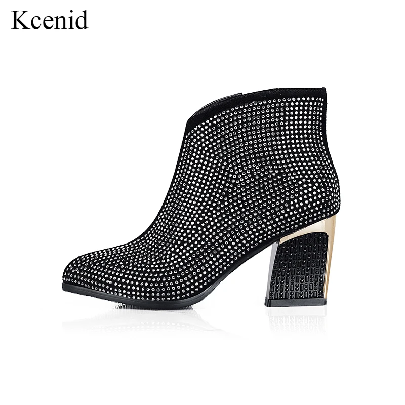 

Kcenid New women's kid suede leather ankle boots womens round toe high heels shoes autumn winter fashion rhinestone shoes woman