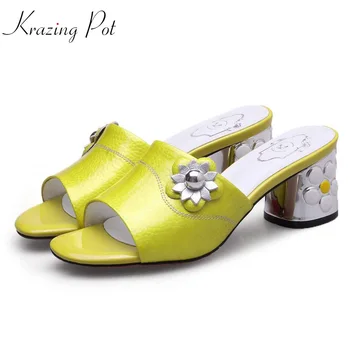 

Krazing Pot 2019 genuine leather original design flowers metal fasteners sandals preppy style crystal metal high heels mules L73