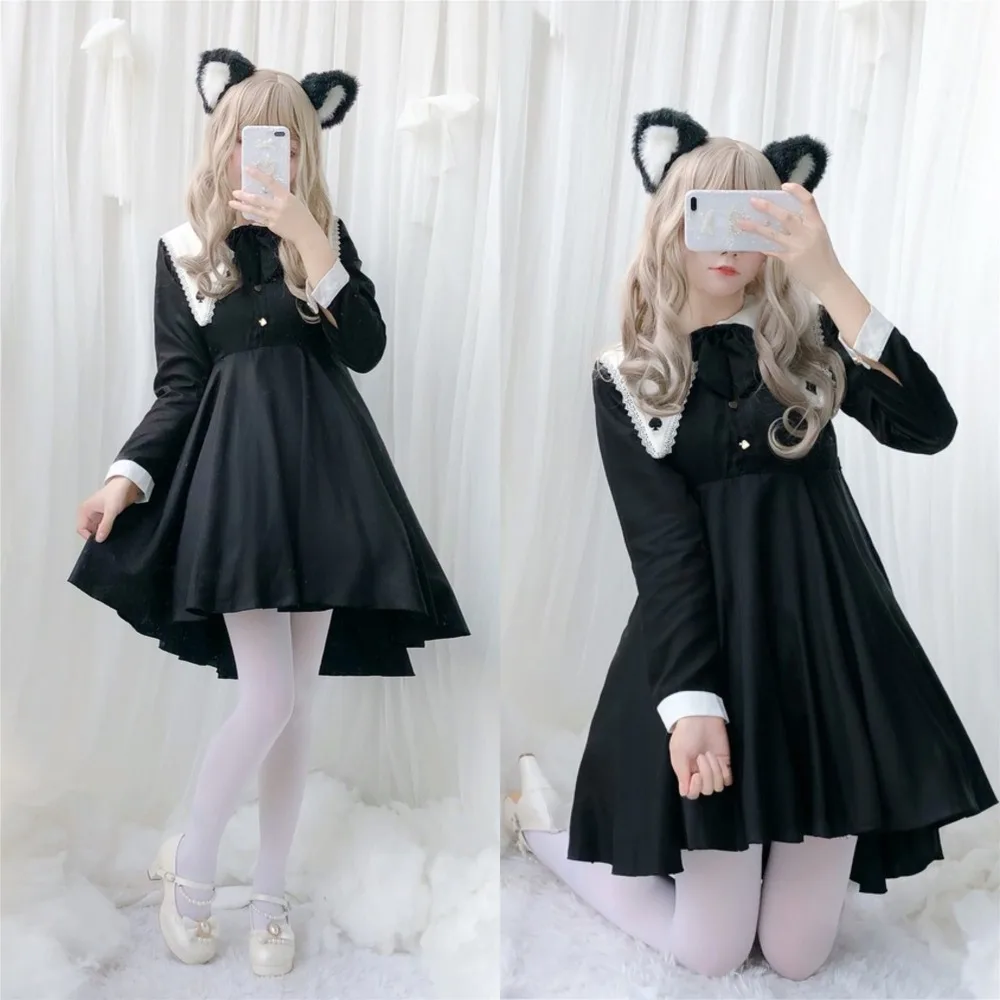

Gothic Lolita Women Dress Long Sleeve Spades Peter Pan Collar Bow High Waist Irregular Tuxedo Witch Dark Dresses Vestido Femme