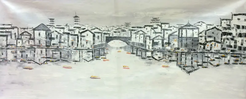 

HandPainted White and Black China Suzhou Water Village Landscape Oil Canvas Painting Abstract Wall art Picture for Home Decor