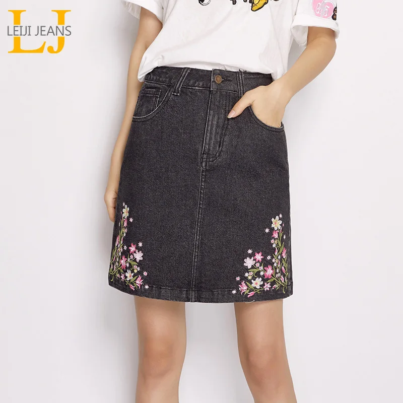 

LEIJIJEANS New Arrival Summer Plus Size Flower Embroidery Grey Mid Waist Above Knee Vintage Women Slim Denim A-Line Skirts