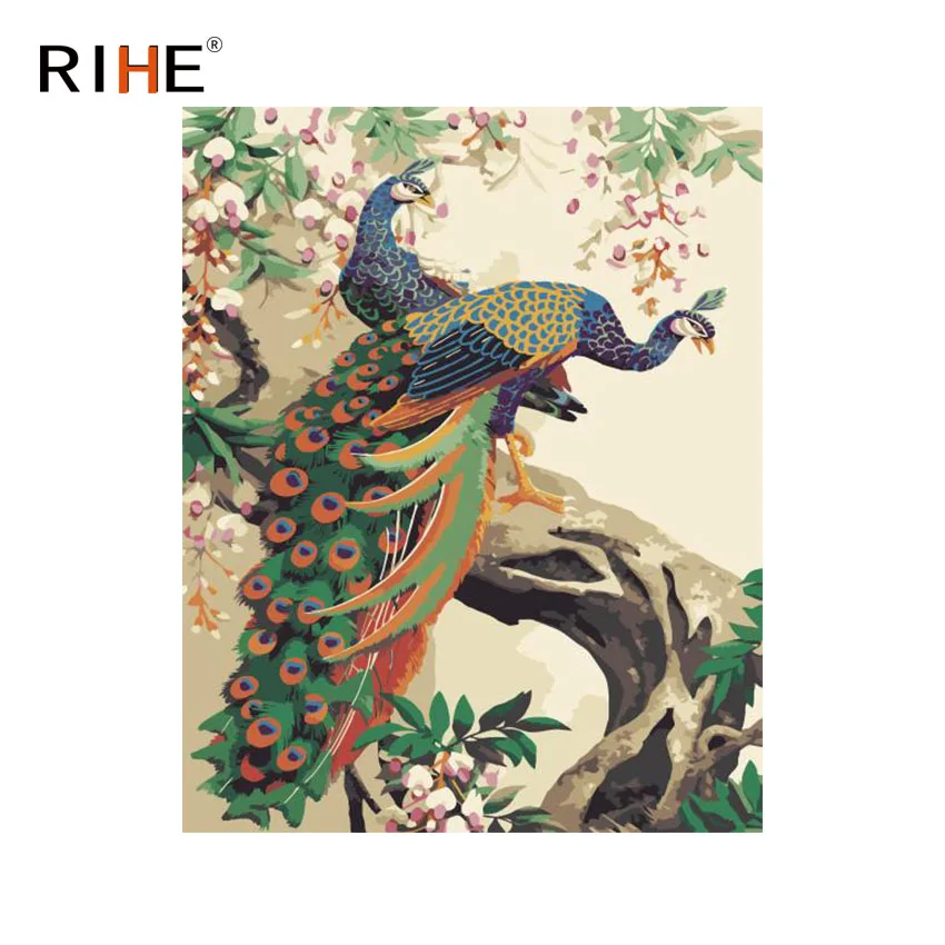 

RIHE Tree Peacock Diy Painting By Numbers Animal Oil Painting On Canvas Hand Painted Cuadros Decoracion Acrylic Paint 40X50CM