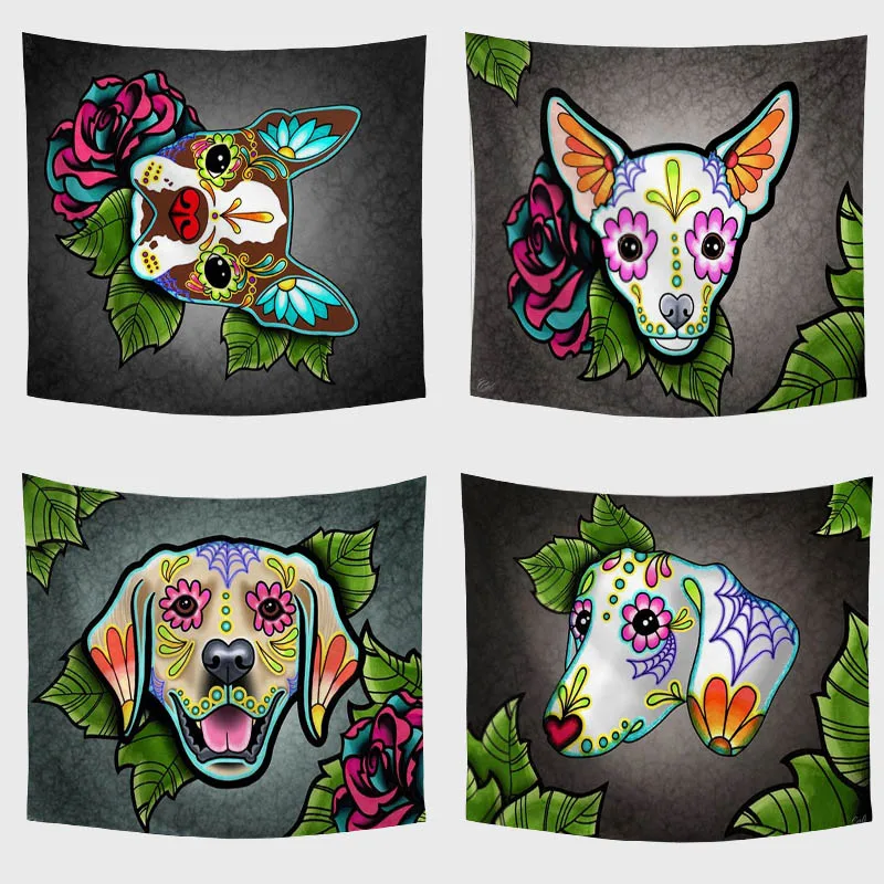 

Wall Hanging Black Skull Dog Tapestries Pug Dog Flowers Shepherd Dog Animal Printed Tapestry Waterproof Landscape Home Decor