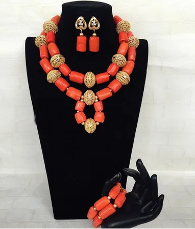 Традиционный Африканский нигерийский Коралл набор бусин для женщин амулеты 2 слоя красные коралловые бусины ожерелье серьги набор ABH505 - Окраска металла: 3