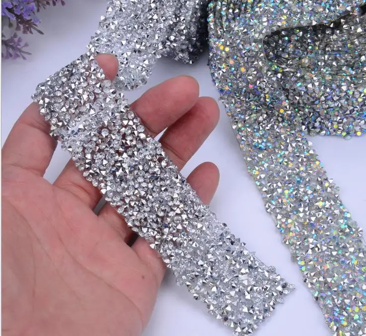 

Silver And WhiteAB Drill With Back Adhesive Mesh Drill Tape Decoration Diamond Chain Wholesale Wedding Dress Bridesmaid Dress