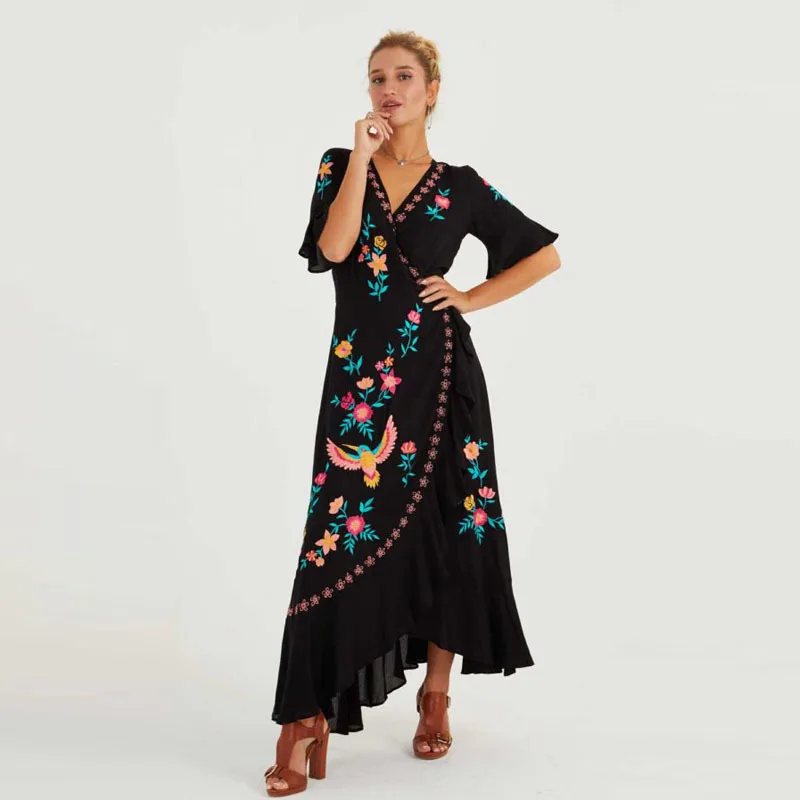 

2019 New Black Dress Flare Sleeve Embroidery Long Dress A-line Ruffles Wrap Dress Rayon Pleated Princess Dress Boho Vestidos