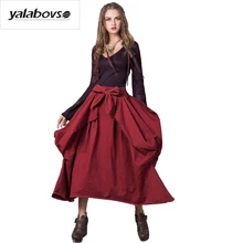 Yalabovso хлопок Женская винного цвета Винтаж элегантный классический расширения юбка с поясом M, L размер женские юбки a50 Z20
