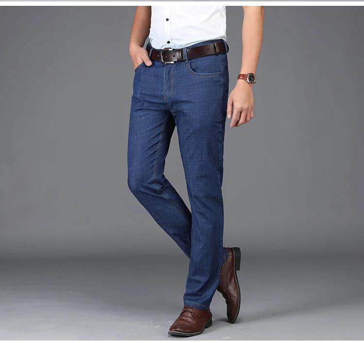 Мужские джинсы весна лето тонкие эластичные средняя талия прямые качественные джинсовые штаны Бизнес хлопок Мужские джинсы брендовая одежда брюки