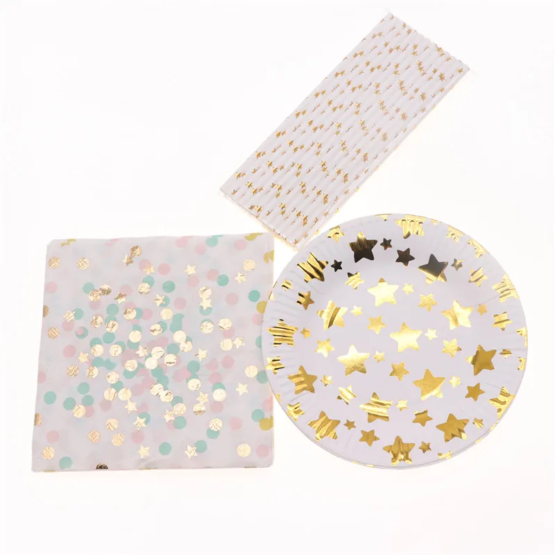 

10pcs Hot stamping Plate Napkins Straw Theme party Decoration birthday Wedding for baby shower home supplies