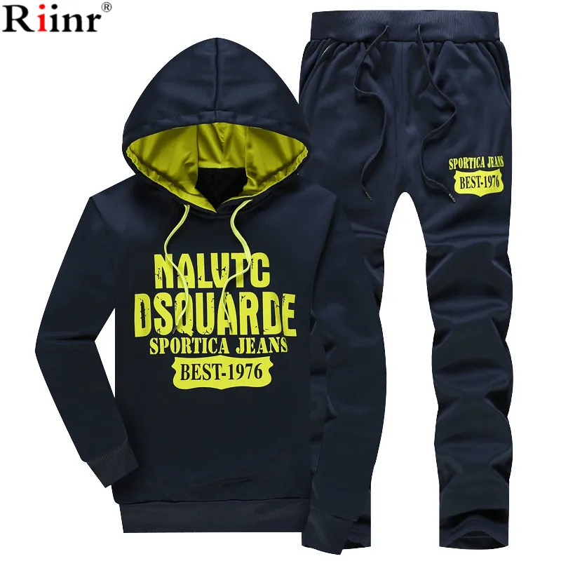 Riinr 2017 Fashion New Arrival Sporting Suit Men Spring And Autumn Casual Hoodies Two Piece Sets Solid Color Printing Tracksuit