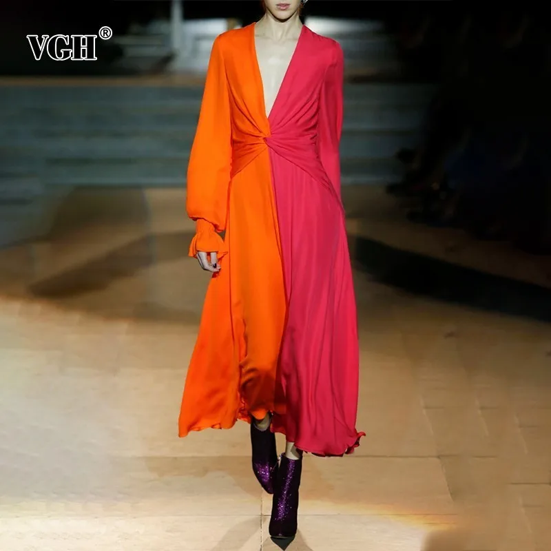 

VGH Hit Color Patchwork Women's Dress Straight Lantern Sleeve V Neck High Waist Ankle-length Dresses Female Fashion New Summer
