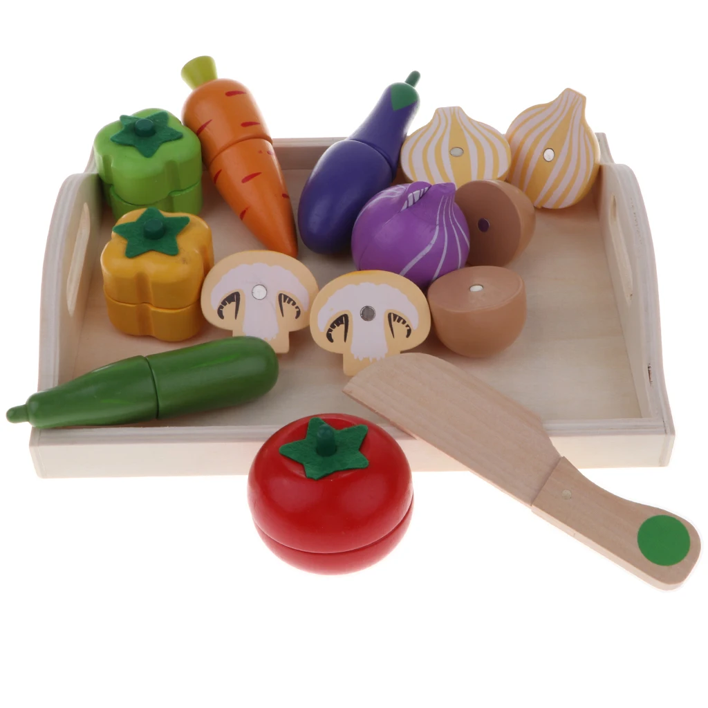 12Pcs Wooden Magnetic Cutting Toy, Pretend Play Food Set with Tray Kids Early Educational Toy Christmas Gift