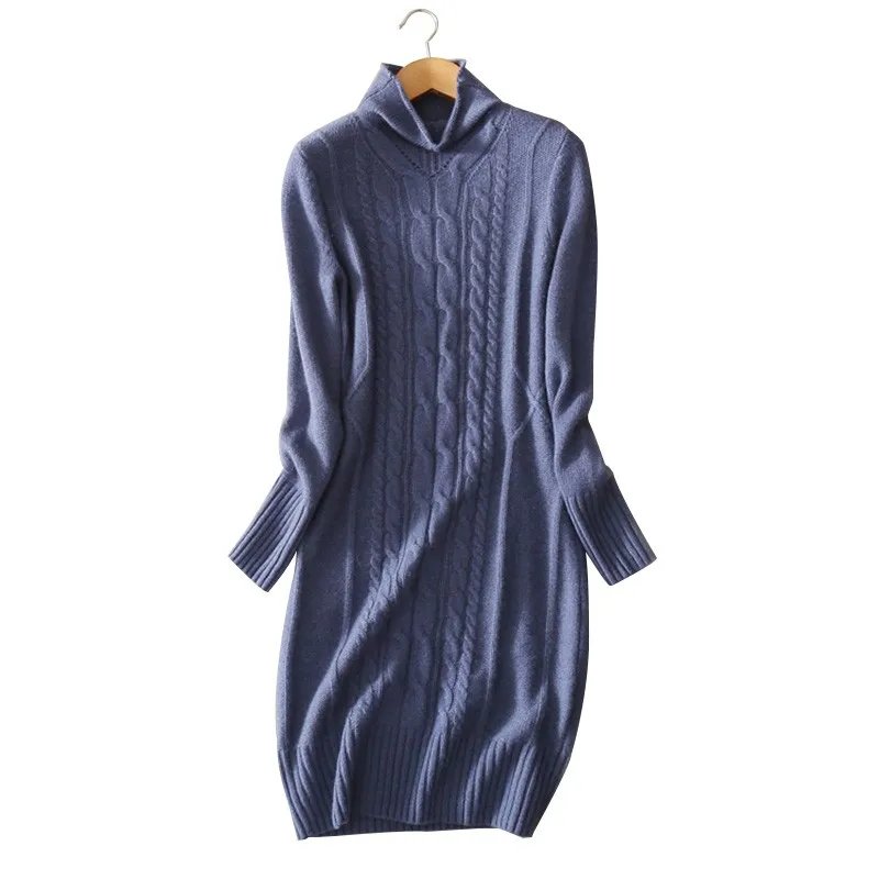 100 Cashmere Blue Gray Spring Autumn Winter Knitting Dress Slim Fitting Pullover Dress Turtleneck Clothings