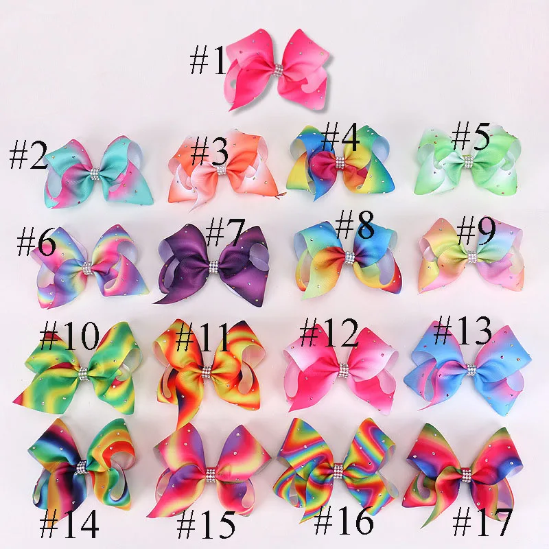 

MengNa Top 4.8" JOJO BOW,Ribbon Hair Bow with Clips Rainbow Hair Bow with Rhinestone Center Kids Girls Headwear 20pc/lot