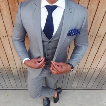 Najtaniej 2017 Najnowszy Garnitur Pant Projekt Jasnoszary Mężczyźni Garnitur Slim Fit Skinny 3 Sztuka Blazer Garnitury Dla Pana Młodego Niestandardowe Tuxedo Terno Masculino
