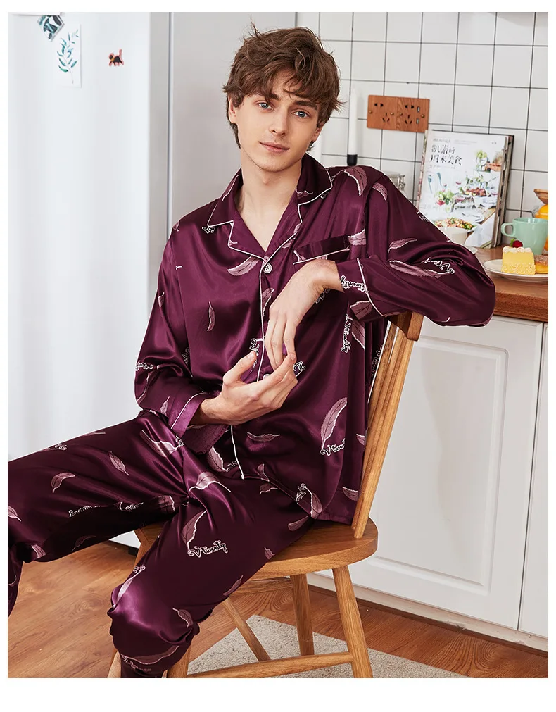 Роскошный пижамный комплект, Мужская пижама с принтом листьев дерева, Мужская атласная Шелковая пижама с длинными рукавами, мужская пижама, костюм для сна