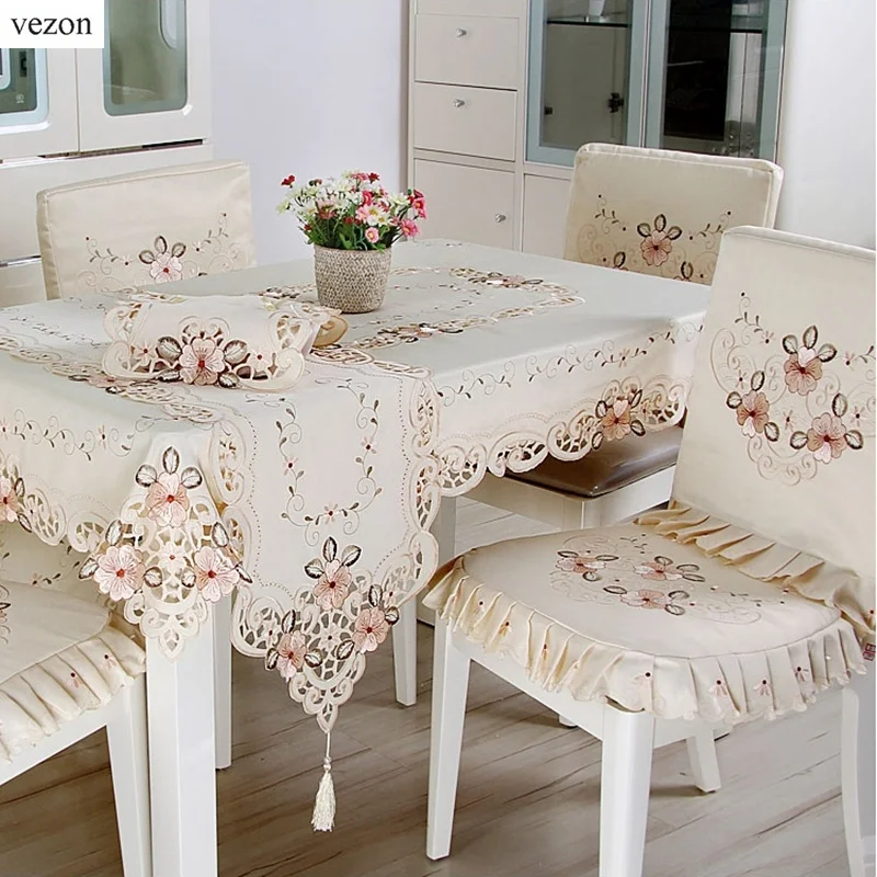 

New Hot Elegant Polyester Satin Embroidery Floral Tablecloths Handmade Embroidered Flower Table Cloth Cover Overlays YYM1106