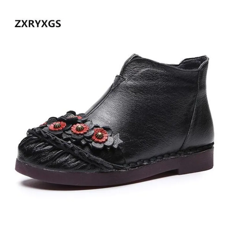

ZXRYXGS Brand Shoes Woman Flower Handmade Genuine Leather Women Boots 2018 Winter New Warm Comfortable Ankle Boots Flat Shoes