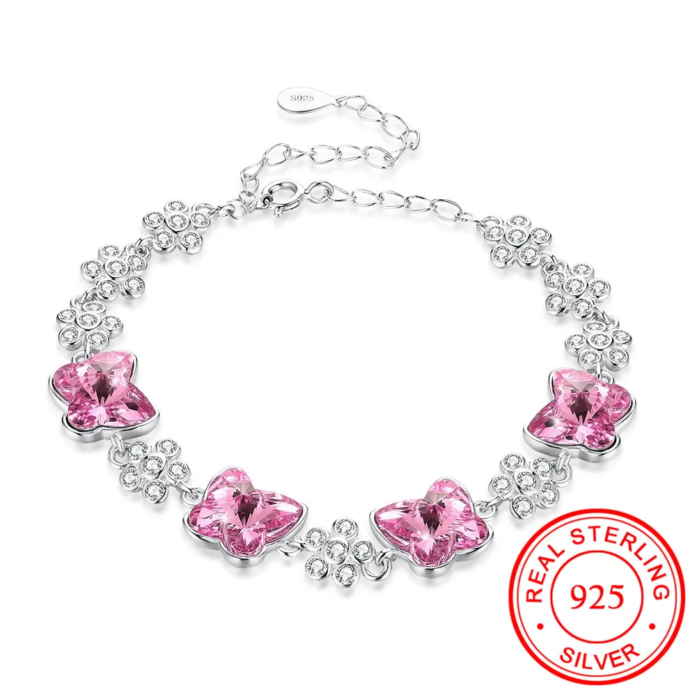 

925 Sterling Silver Austrian Crystal Chain Bracelet Romantic Butterfly Design Cuff Bracelet for Women Girl's Banquet Accessory