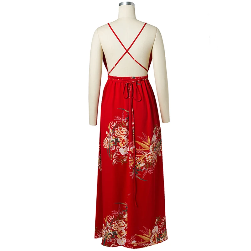 Bohemian Floral Print Boho Maxi Dress Women Chiffon Beach Summer Dress Deep V-Neck Split Backless Sexy Long Dress (26)