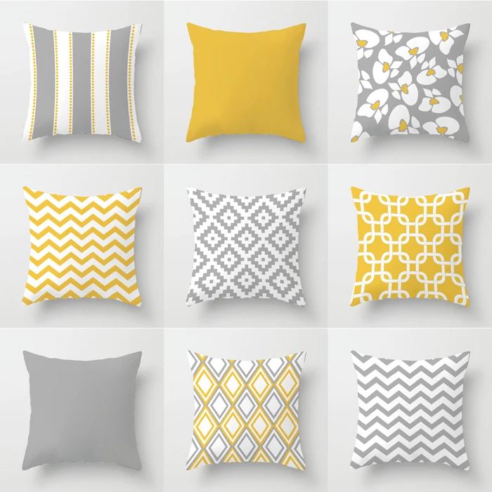 

double face printed Warm yellow gray geometric pattern cushion cover short velvet colorblock pillowcase sofa lumbar pillow cover