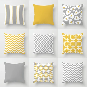 

double face printed Warm yellow gray geometric pattern cushion cover short velvet colorblock pillowcase sofa lumbar pillow cover