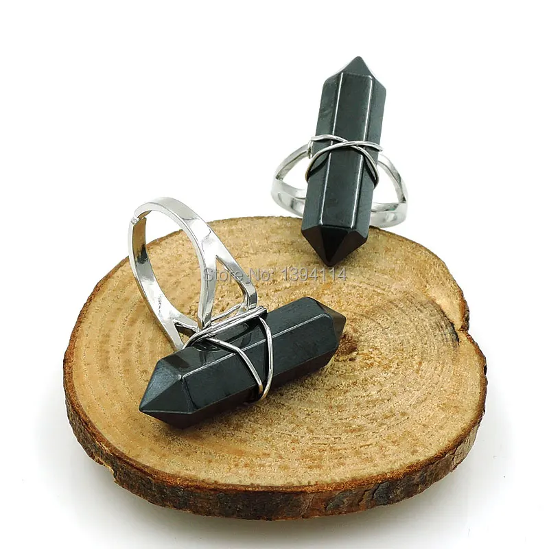 

Natural Hematite Hexagonal Column Double Points Ring With Wire Wrapped Of Cladding Gold Or Silver Approx 32*9 mm