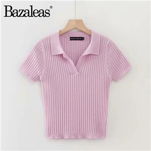 Bazaleas Fashion Women T-shirt Knitted Slim tshirt France V neck harajuku t shirt Casual Basic women Vintage tops drop shipping - Цвет: DS9 pink