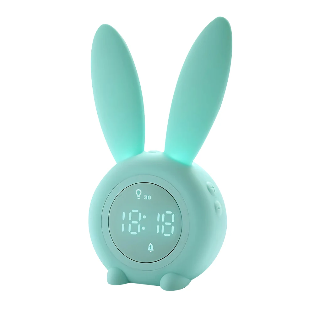 Светодиодный Будильник с заячьими ушками, электронный светодиодный дисплей, звуковой контроль, милый кролик, ночная лампа, настольные часы для украшения дома - Цвет: Cyan Opaque