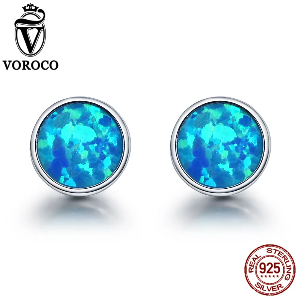 

VOROCO Genuine 925 Sterling Silver Minimalist Simple Round Blue Fire Opal Stone Unique Stud Earrings for Women Fine Jewelry