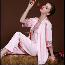 2016 new spring autumn elegant women silk satin 3 piece sleep suit 3pcs pajama set sleepwear women lounge pyjama women nightwear