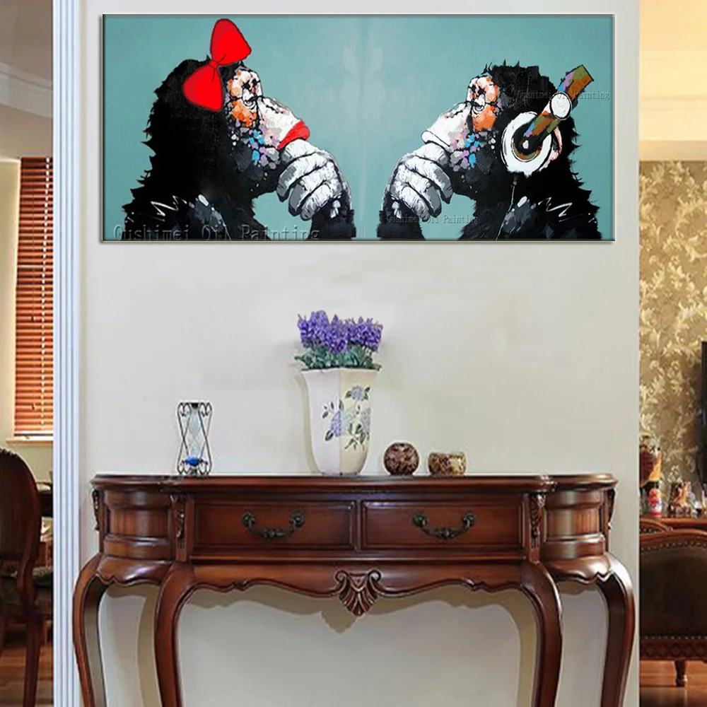 

Hand Painted Modern Couples Orangutans Picture Canvas Wall Art Monkey Gift Painting for Room Decor Abstract Monkey Oil Painting