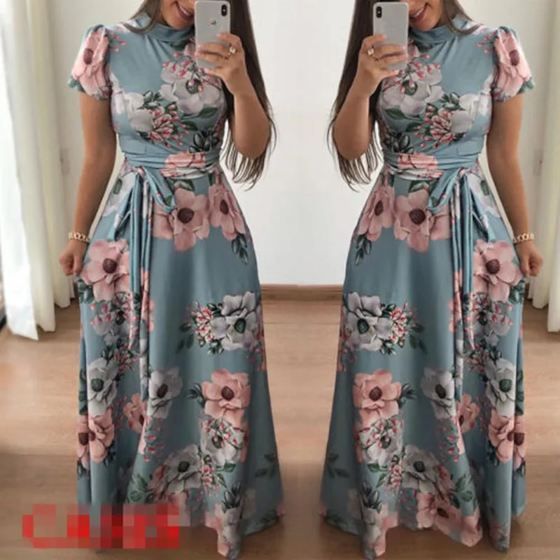 

Women Floral Printed Short Sleeve Dress Ladies Party Evening Casual Summer Beach Dresses Fashion Long Maxi Holiday Sundress