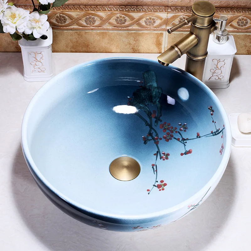 Ceramic Painting  plum blossom China Painting wash basin Bathroom vessel sinks counter top hand wash ceramic wash basin (5)