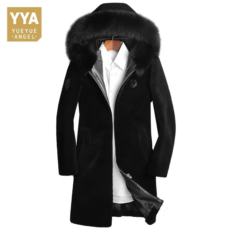 Высококачественное роскошное мужское длинное пальто, модная верхняя одежда с капюшоном и воротником из лисьего меха, зимние толстые теплые пальто из овечьей шерсти, мужские пальто с натуральным мехом 4XL