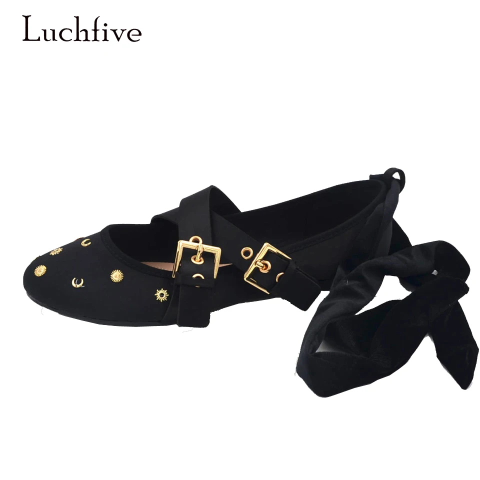 

LuchFive Strap ribbon Ladies Ballet Flats Dance Shoes Women Black Stain Dotted with stars Comfortable Ballerina Flats Shoes