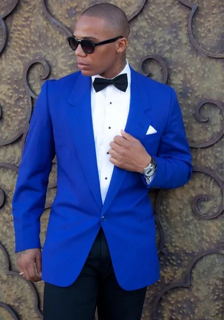 43-1 Men's Suits Wedding Prom Dresses Men's Business Casual Suits Custom Jeweled Blue Top Black Trousers (Jacket + Pants)
