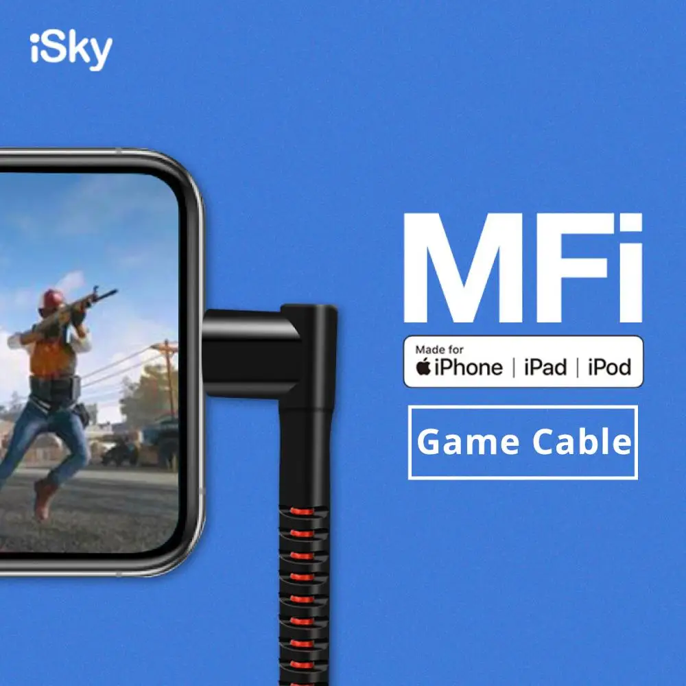 ISky 90 градусный MFi кабель игровой для iPhon X8765 SE подсветки USB зарядное устройство