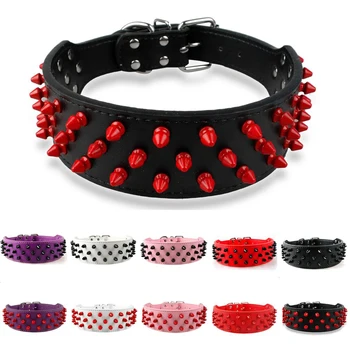

2 Inch Width Wide Spiked Studded PU Leather Dog Collars for Medium and Large Dogs Especially Pitbull Boxer Mastiff