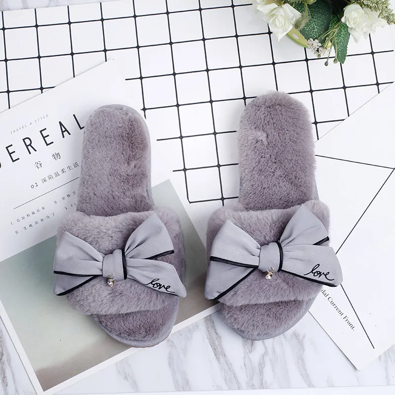 

2018 Women Winter Slippers Drop Shipping Home Warm Slippers Indoor Faux Fur Soft Bow Ladies Shoes Hot Sale Butterfly-knot Shoes
