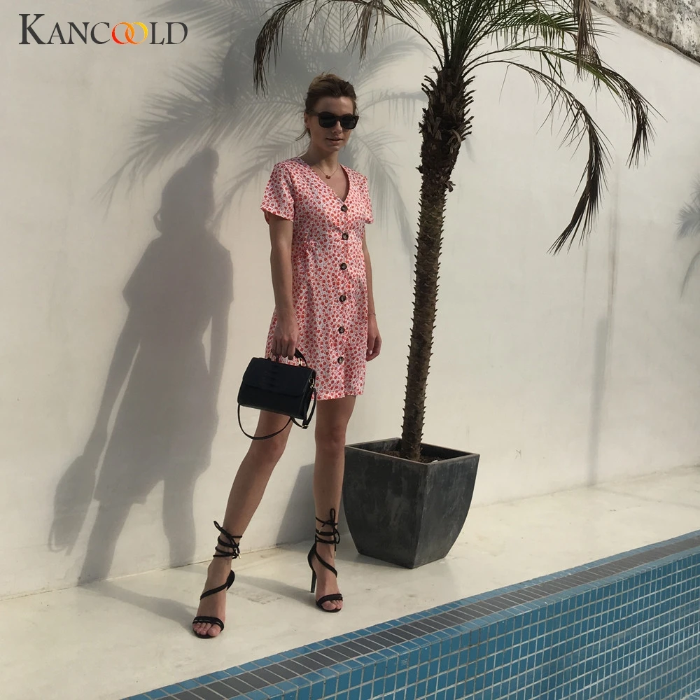 

KANCOOLD Dress Womens V-Neck Printing Button Broken Flower Dress Sandy Beach Sexy Mini fashion new Dress women 2019JAN25